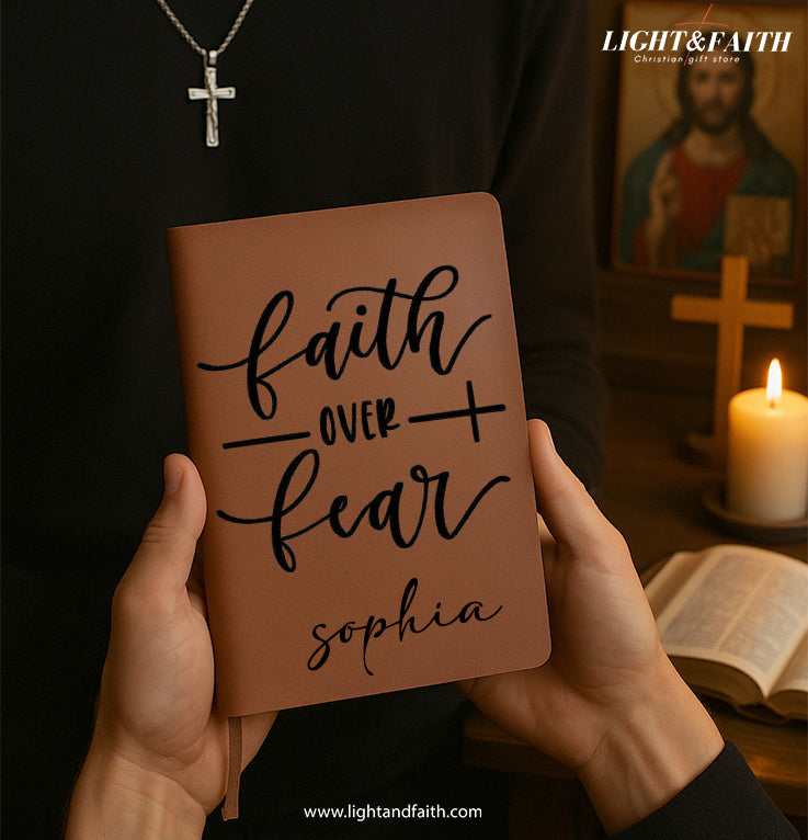 Personalized Christian Journal with Faith Over Fear, Custom Name Prayer & Faith Notebook, Religious Gift, First Communion Gifts, Birthday. NBLAF13